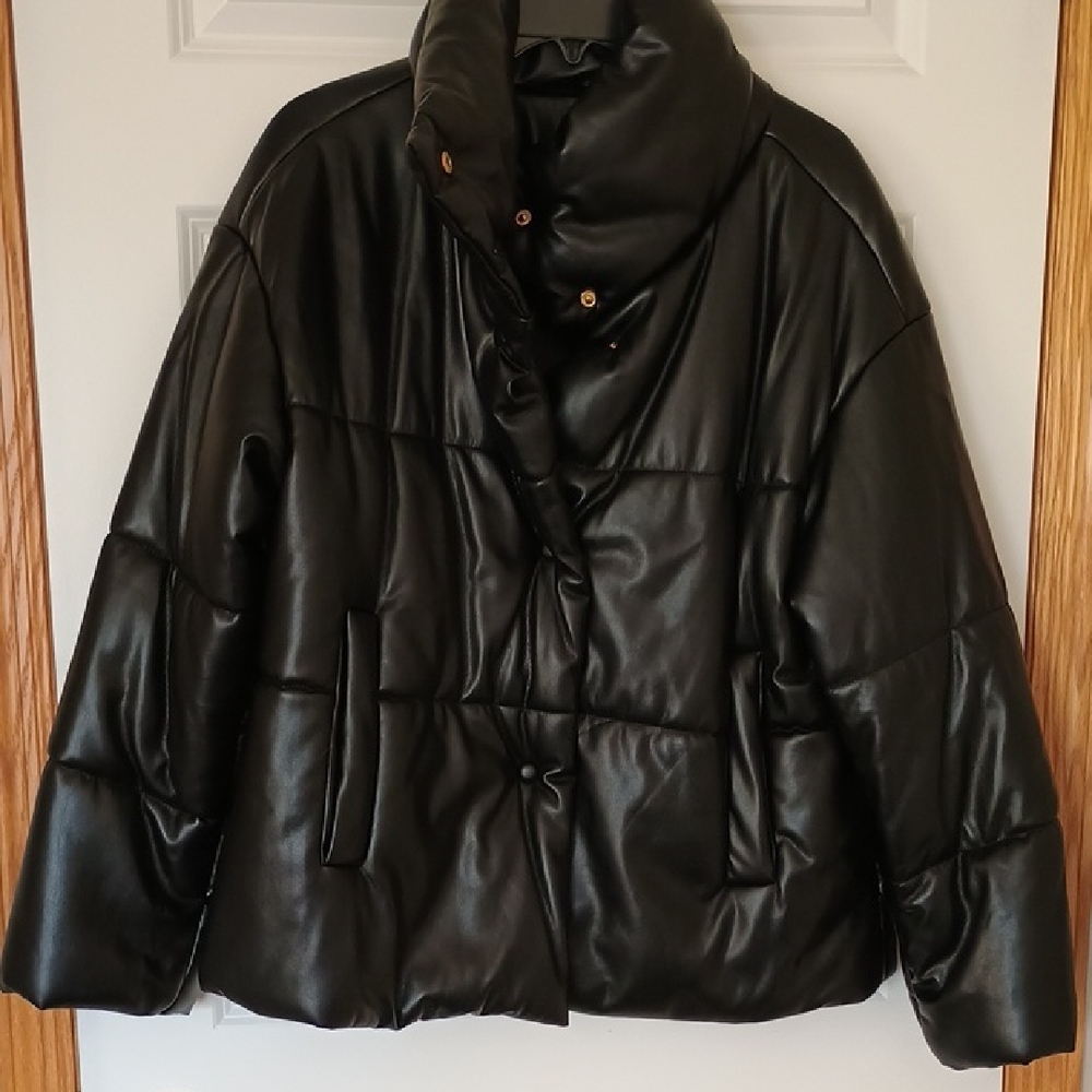 INC International Concepts Black Faux Leather Puffer Jacket